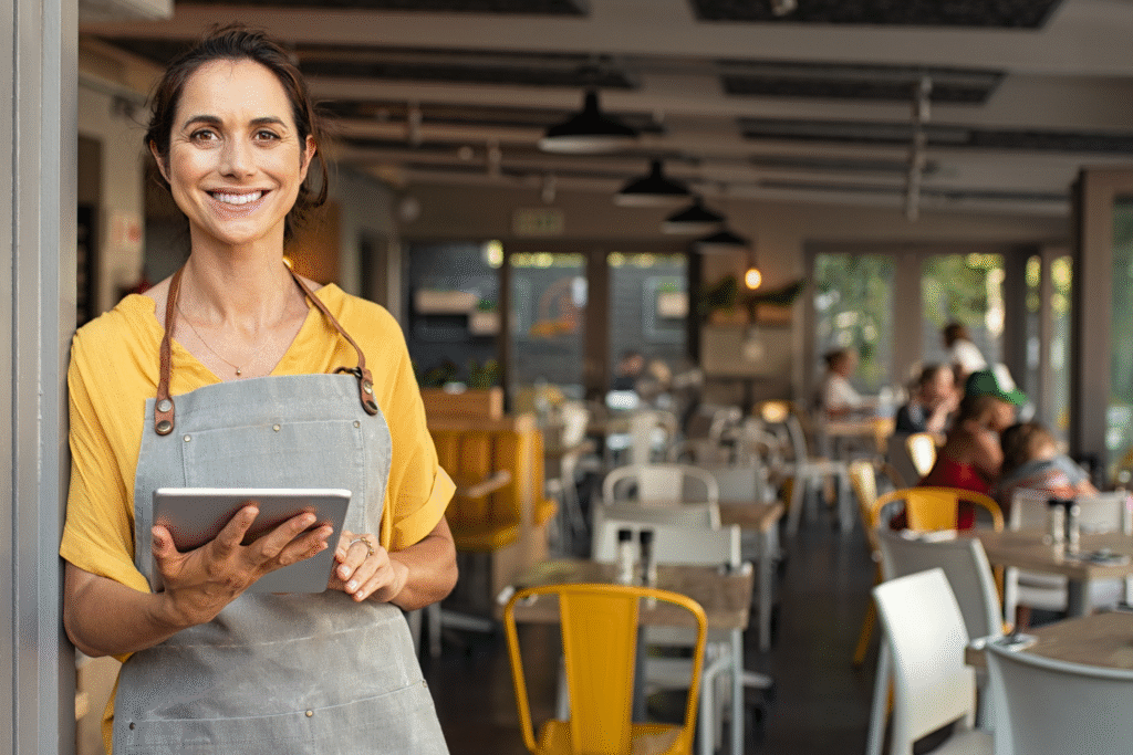 female woman holding a tablet outside of a cafe.